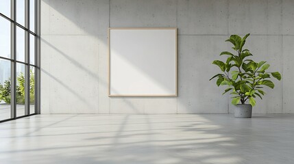 Fototapete - Bright and airy modern workspace with concrete walls and an empty poster frame bathed in warm sunlight streaming through large nearby windows creating a clean