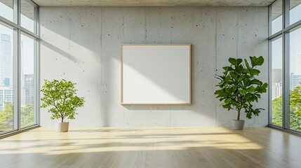 Aufkleber - Bright and airy modern office interior with a blank photo frame on a concrete wall and sunlight flooding through the expansive windows creating a calming and workspace