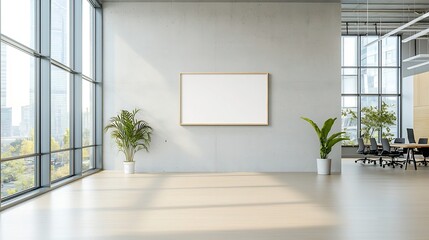 Aufkleber - Sunlit modern office interior with an empty frame on a concrete wall the soft natural light from tall windows enhancing the minimalist spacious and serene atmosphere of the workspace