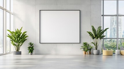 Poster - Bright and Minimalist Modern Office with Concrete Walls and Ample Natural Lighting from Floor to Ceiling Windows Providing a Serene and Inspiring Workspace