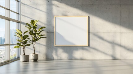 Aufkleber - Spacious and modern industrial inspired office interior with concrete walls a blank poster frame and abundant natural sunlight streaming through large windows