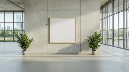 Aufkleber - Bright and Airy Industrial Style Office Space with Concrete Walls a Blank Poster Frame and Ample Natural Sunlight Pouring In Through Large Windows  Minimalist and Contemporary Workspace Design