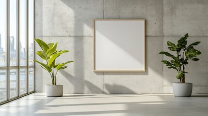 Fototapete - Minimalist Industrial Style Office Interior with Concrete Walls Blank Poster Frame and Ample Sunlight Streaming Through Large Windows