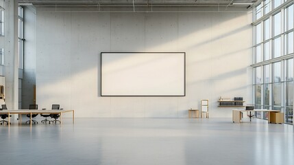 Aufkleber - Bright and Minimalist Office Space with Concrete Wall and Empty Frame   Spacious Workspace with High Windows Flooding the Room with Natural Sunlight and a Clean Contemporary Design