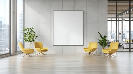 Aufkleber - Sunlit Contemporary Open Office Interior with Blank Frame Hanging on Concrete Walls and Expansive Glass Windows Promoting Productivity and Creativity in a Modern Professional Setting