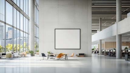 Poster - Bright and airy modern open concept office space with minimalist concrete walls large floor to ceiling windows allowing soft natural sunlight to flood the room and an empty frame display on the wall