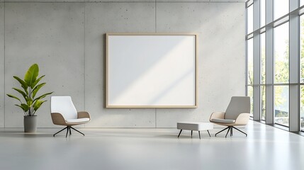 Aufkleber - Minimalist office interior with a concrete wall an empty frame and warm sunlight streaming through tall glass windows creating a serene and inspiring workspace