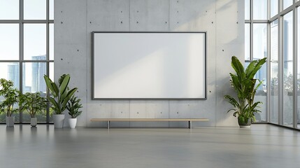Fototapete - Minimalist and Elegant Office Interior Design with a Concrete Wall Empty Frame and Warm Sunlight Streaming Through Tall Glass Windows Creating a Calming and Serene Atmosphere