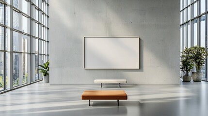 Poster - Serene and Inviting Minimalist Office Interior with Concrete Wall Empty Frame and Warm Sunlight Streaming Through Tall Glass Windows
