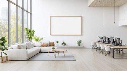 Poster - Spacious and Bright Living Room Interior with Frame Mockup on the Wall Overlooking a Modern and Organized Office Workspace with Equipment on a Long Table