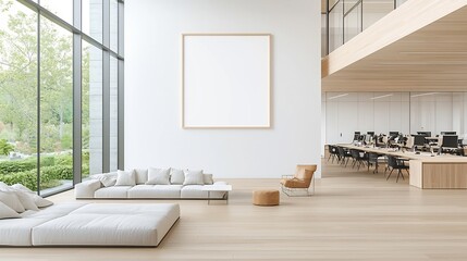 Poster - Spacious and airy living room with a sleek frame mockup on the wall overlooking a contemporary