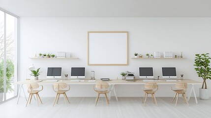 Poster - Minimalist Living Room with Aerial View of Organized Office Workspace on Long Table Showcasing a Clean Functional and Aesthetically Pleasing Interior Design