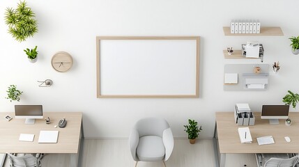 Poster - Organized Professional Office Space with ISO A Paper Size Frame Wall Mockup   Aerial View of Tidy Desks Equipment and Minimalist Interior Design