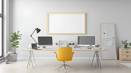 Poster - Cozy and Functional Modern Office Workspace Arrangement in a Bright Living Room Setting with Frame Mockup and Professional Work Equipment