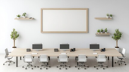 Poster - Frame Mockup Showcased on Wall in Contemporary Living Room Interior Aerial View of Long Table with Computers and Professional Office Equipment for Productive Workspace