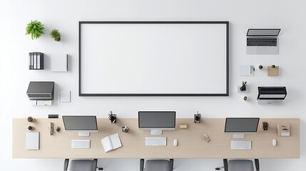 Poster - Aerial View of Organized Modern Office Workspace with Computers on Long Table in Minimalist Living Room Setting  Clean Tidy and Productive Home Office or Coworking Space Interior Design