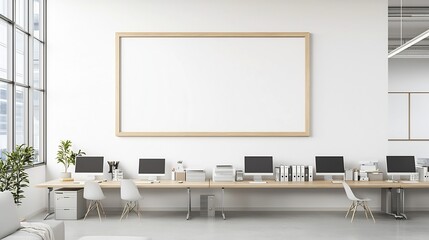 Poster - Modern and Organized Office Workspace with Aerial View of Long Table with Computers and Accessories Displayed on Living Room Wall Mockup