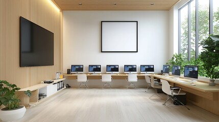 Poster - Sleek and Sophisticated 3D Rendered Living Room with Minimalist Poster Frame and Fully Equipped Organized Office Workstation