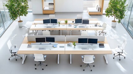 Leinwandbilder - Aerial overhead shot showcasing an organized and efficient office workspace with a clean modern and minimalist design  Multiple computers are neatly arranged on a long table