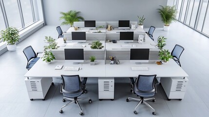 Poster - Aerial overhead shot showcasing a clean and organized office workspace with multiple computers neatly arranged on a long table in a modern and minimalist setting