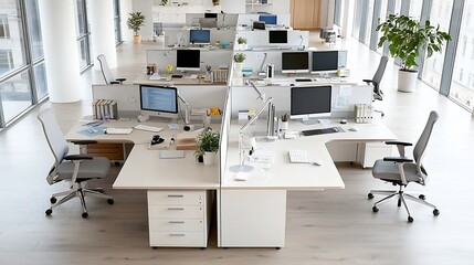 Poster - Overhead Aerial Shot of Organized Minimalist Workspace with Multiple Computers and Devices Arranged on a Long Desk in a Modern Office Setting