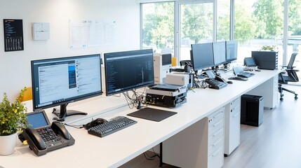 Aufkleber - Overhead view showcasing a spacious and neatly arranged office workspace with computers equipment and other office supplies meticulously organized on a long white desk