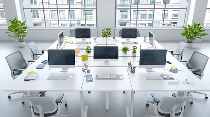 Leinwandbilder - Overhead Shot of Neat and Tidy Office Workspace with Multiple Computers and Accessories Arranged on a Long Desk Prepared for Productive Work Activities