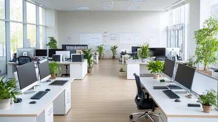 Poster - Aerial shot of a long organized desk in a modern minimalist office setting  The workspace features neatly arranged computers electronics and office equipment