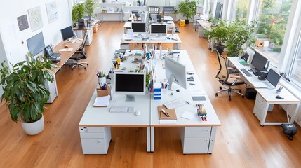 Leinwandbilder - Aerial perspective of a well designed and efficiently arranged office workspace with neatly organized computers laptops and office supplies on a long table