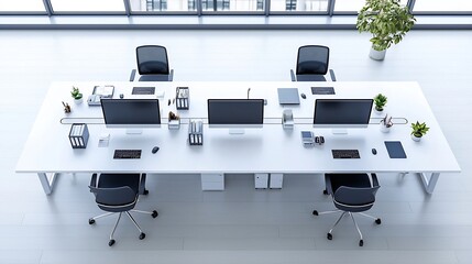 Leinwandbilder - Aerial perspective of a long white table with neatly arranged workstations computers and equipment in a minimalist modern corporate office setting
