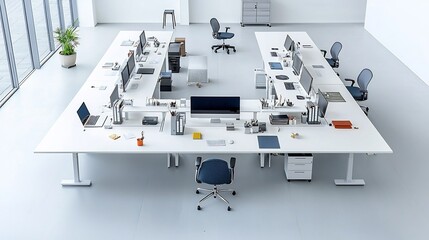 Fototapete - Aerial perspective of a long table with neatly arranged workstations computers and equipment in a modern minimalist office setting