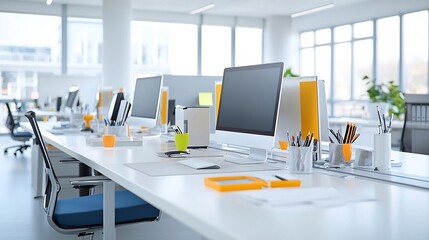Poster - Overhead shot of a meticulously organized modern office workspace with neatly arranged desktop computers monitors keyboards stationery and other equipment on a long table