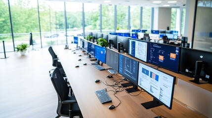 Leinwandbilder - Overhead shot of a neatly arranged and organized office workspace with multiple computer monitors set up on a long desk in a spacious clean and modern interior environment