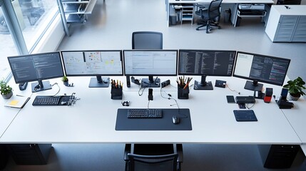 Poster - Aerial view of an efficient and well designed office workspace featuring a long desk with multiple computer monitors laptops