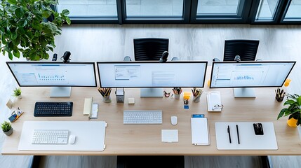 Fototapete - Overhead view of a well organized professional office desk setup with multiple computer monitors keyboards mice and various accessories meticulously arranged for maximum productivity and efficiency
