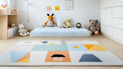 Aufkleber - Cozy and Peaceful Pastel Hued Children s Bedroom with Soft Rug and Plush Toys on Bed Creating a Warm and Inviting Retreat