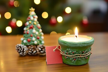 A green clay pot with a Christmas tree and a candle inside, a red card on the side that says The green Christmas decoration is adorned with white and yellow light bulbs