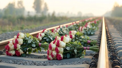 Poster - Gorgeous close up view of large lush rose bouquets artfully arranged on old railway tracks with warm golden light filtering through creating a magical romantic and dreamy atmosphere
