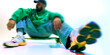 © Lustre Art Group  - Contemporary art collage. Male skater relaxing on floor with skateboard, wearing casual jeans and sneakers against white background. Concept of fashion and style. Neon glow and motion blur effect.