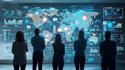 Leinwandbilder - Silhouetted professionals observing a global business network surrounded by interactive digital tools and 3D data visualizations for data driven decision making and strategic planning