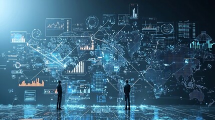Poster - Silhouetted figures standing in front of an interconnected global network surrounded by floating data charts graphs and advanced analysis tools for strategic decision making and business intelligence