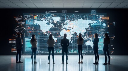 Leinwandbilder - Global Tech Network with 3D Data Nodes Graphs and Silhouetted Figures Facing Advanced Analysis and Visualization
