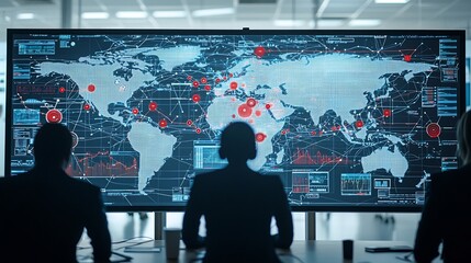 Poster - Silhouetted figures standing in front of a high tech global data network with 3D data visualization and interactive digital analysis elements creating a futuristic and innovative scene