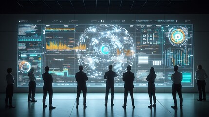 Aufkleber - Silhouetted figures observing a high tech global network with interactive 3D data visualization and digital analysis elements in a futuristic modern landscape scene
