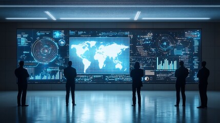 Fototapete - Silhouetted human figures observing a high tech global network with 3D data visualization and interactive digital analysis elements on a futuristic technology screen