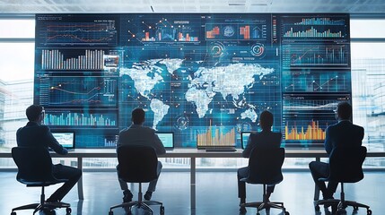 Leinwandbilder - Silhouetted figures observing an advanced global network with interactive 3D data analytics and digital charts representing the future of technology and data driven decision making