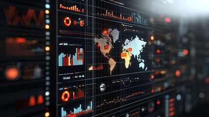 Leinwandbilder - Silhouettes of business professionals observing an interconnected global network with 3D data visualization charts analysis tools