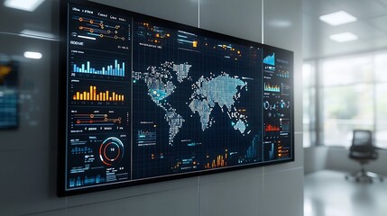 Fototapete - Silhouetted Figures Observing a Global Business Network with Interconnected Nodes 3D Data Charts and Modern Analytics Tools for Monitoring and Analyzing Performance Trends and Insights