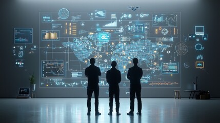 Leinwandbilder - Silhouetted individuals standing in front of a global communications network with floating 3D data visualizations and digital tools representing the power of technology data