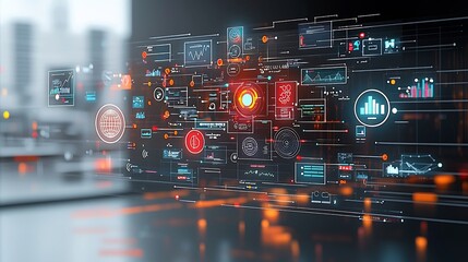 Poster - Silhouettes of people observing and analyzing a digital business network with data visualization elements such as 3D graphs interactive analysis tools and floating information nodes